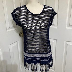 Small Navy Blue Maurices Top - Crocheted Net Look with Fringe